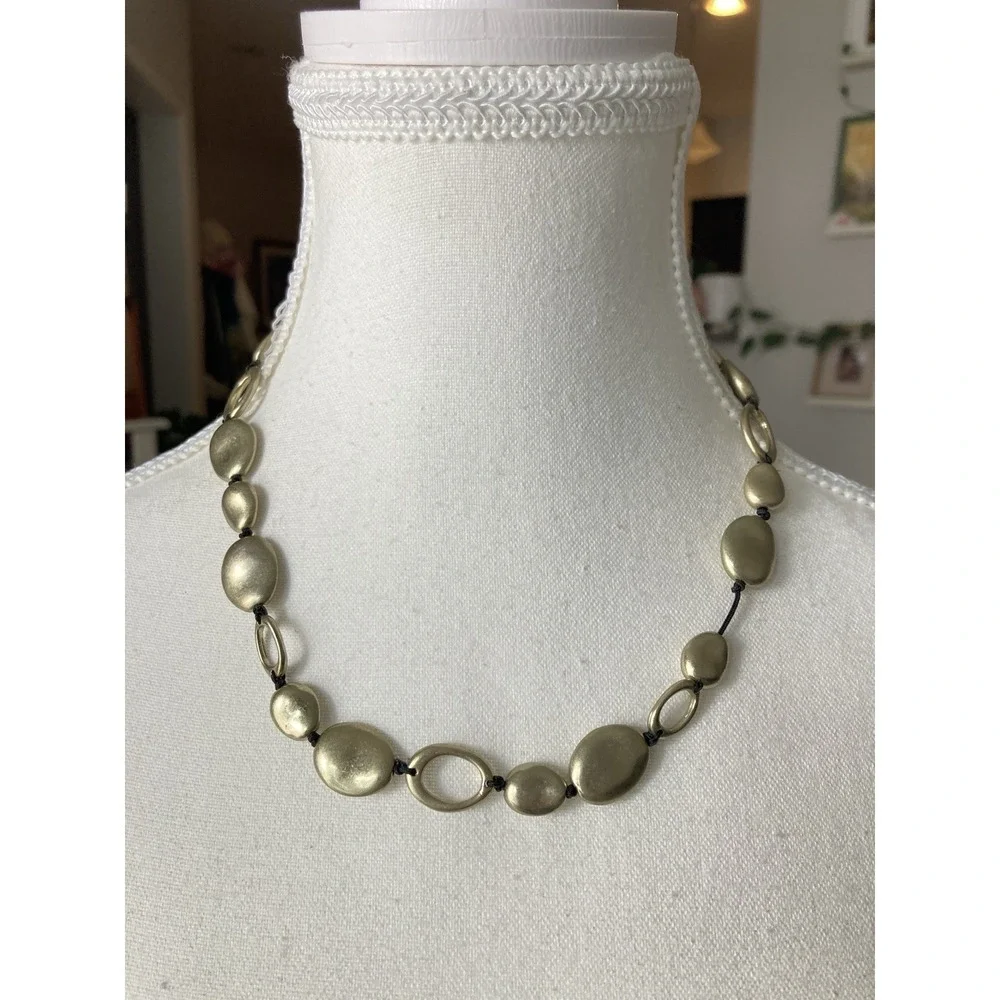 Matte Gold Tone Disc Necklace Black Cord‎ Oval Beads Tarnished Look Minimalist